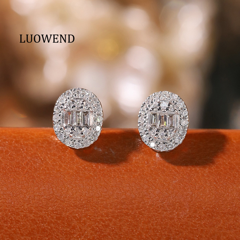Diamond Stud Earrings - LUOWEND ต่างหูทองคำขาว 18K 100% รูปทรงวงรีคลาสสิก ประดับเพชรแท้ธรรมชาติ