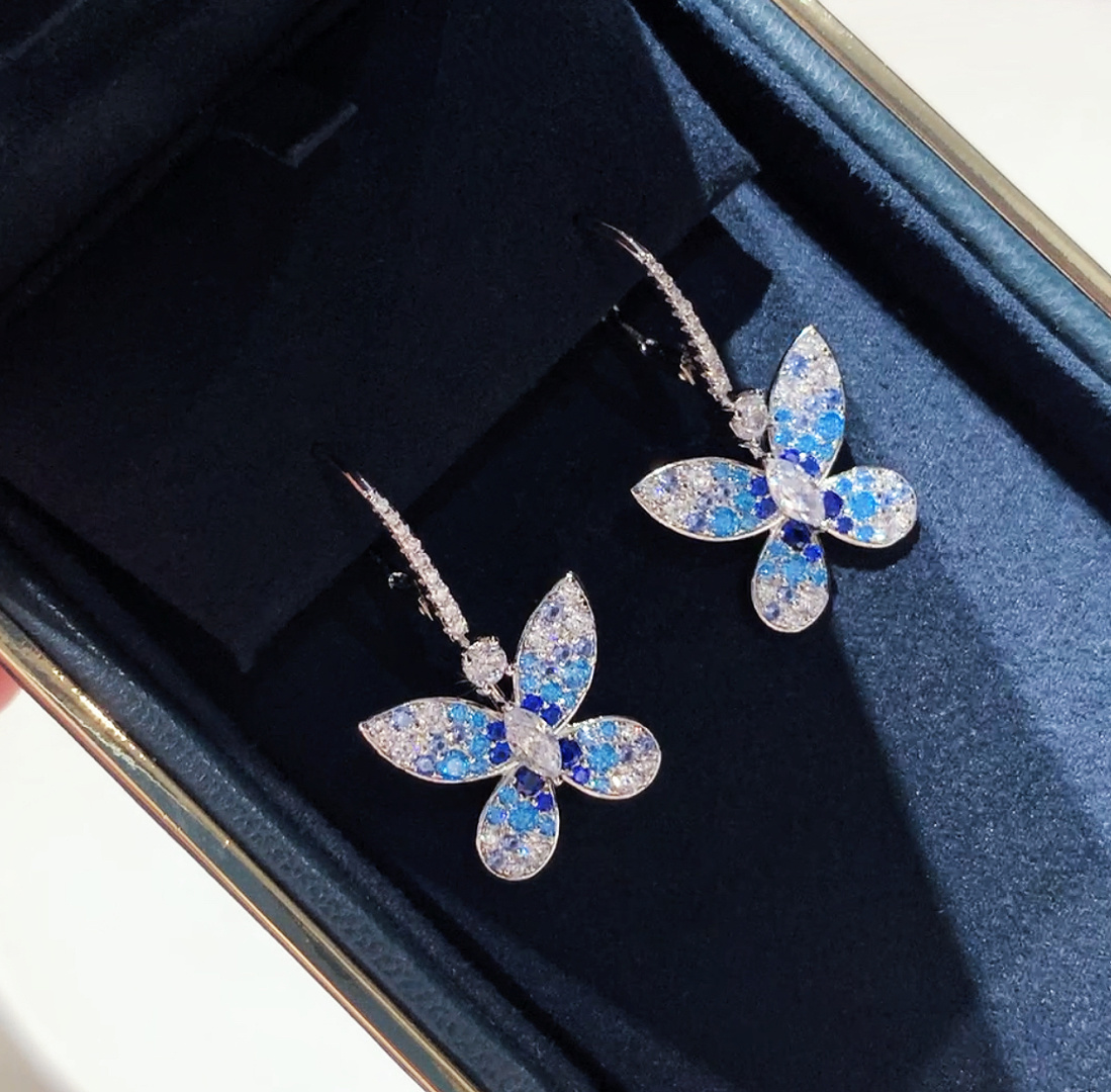 Diamond Stud Earrings - ใหม่ 925 เงินแท้ สีฟ้าเข้ม ประดับเพชรคาร์บอนสูง รูปผีเสื้อ