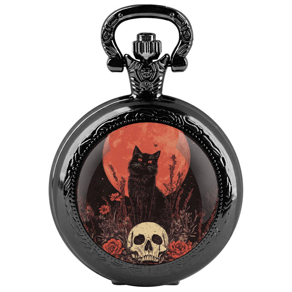 Jewelry Watches For Kids - Black Cat Gazing แก้วโดมควอตซ์นาฬิกาพ็อกเก็ตพร้อมโซ่คุณสมบัติตลอดโลก,Analog Display สําหรับผู้หญิงผู้ชายเด็กเครื่องประดับจี้
