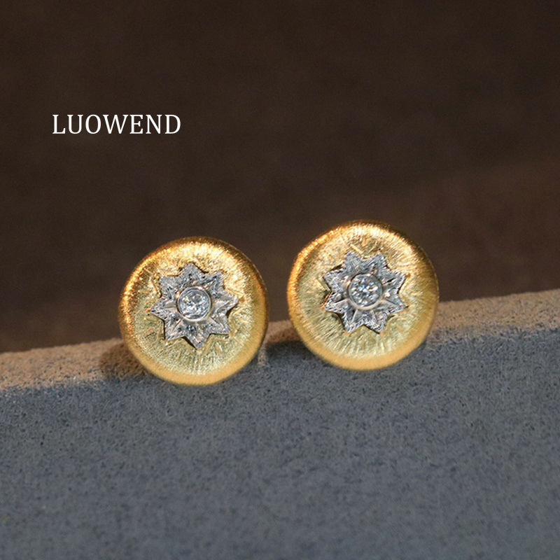 Diamond Stud Earrings - LUOWEND 100% 18K ต่างหูทองคำสีเหลืองสไตล์วินเทจเพชรธรรมชาติแท้ต่างหูสำหรับผู้หญิงเครื่องประดับงานปาร์ตี้ระดับไฮเอนด์