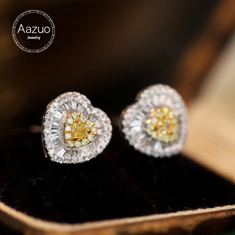 Diamond Stud Earrings - Aazuo จริง 18K สีขาวทองจริงสีเหลืองและสีขาวเพชรน่ารักรูปหัวใจสตั๊ดต่างหู Gifted สําหรับงานแต่งงานของผู้หญิง