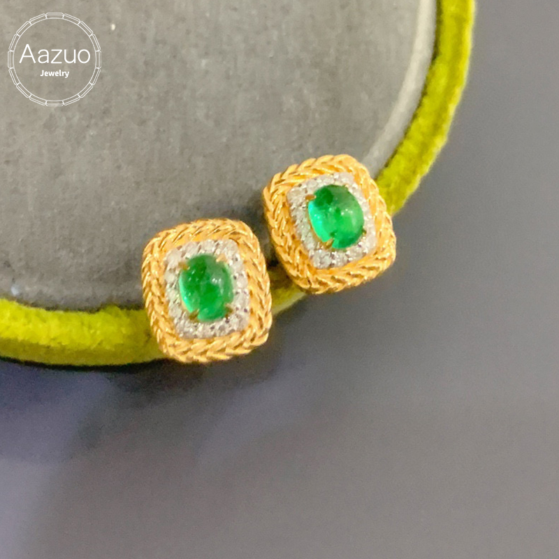 Diamond Stud Earrings - อาซูโอ ทองคำแท้ 18K สีเหลือง ประดับมรกตแท้และเพชรแท้ รูปทรงสี่เหลี่ยม