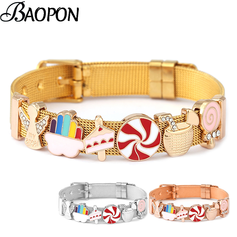 Jewelry Watches For Kids - สายนาฬิกาข้อมือสแตนเลสสีทองสำหรับผู้หญิง ประดับลูกปัดรูปนางฟ้า พร้อมจี้รูปอมยิ้ม กำไลข้อมือเด็ก